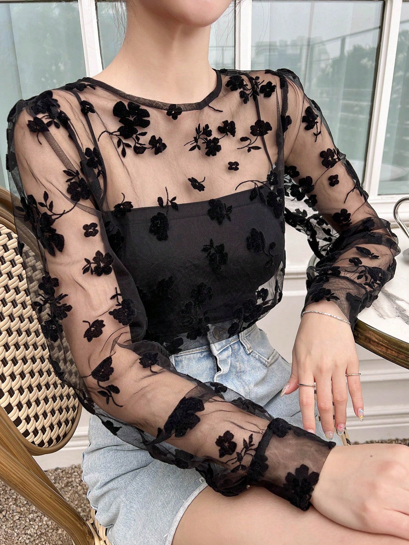  | SHEIN DAZY Kpop Floral Embroidery Mesh Top Without Cami Top | Top | Shein | OneHub