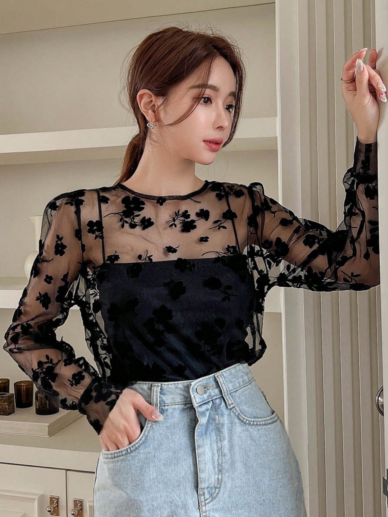  | SHEIN DAZY Kpop Floral Embroidery Mesh Top Without Cami Top | Top | Shein | OneHub