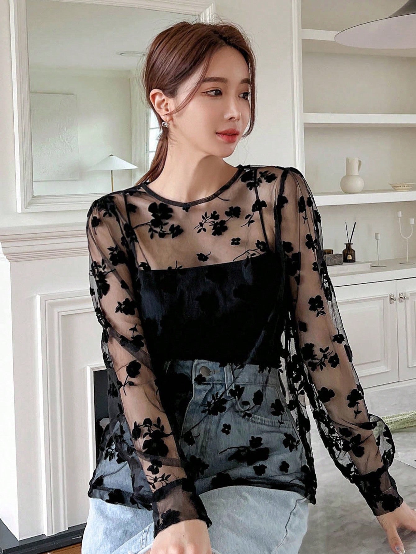  | SHEIN DAZY Kpop Floral Embroidery Mesh Top Without Cami Top | Top | Shein | OneHub