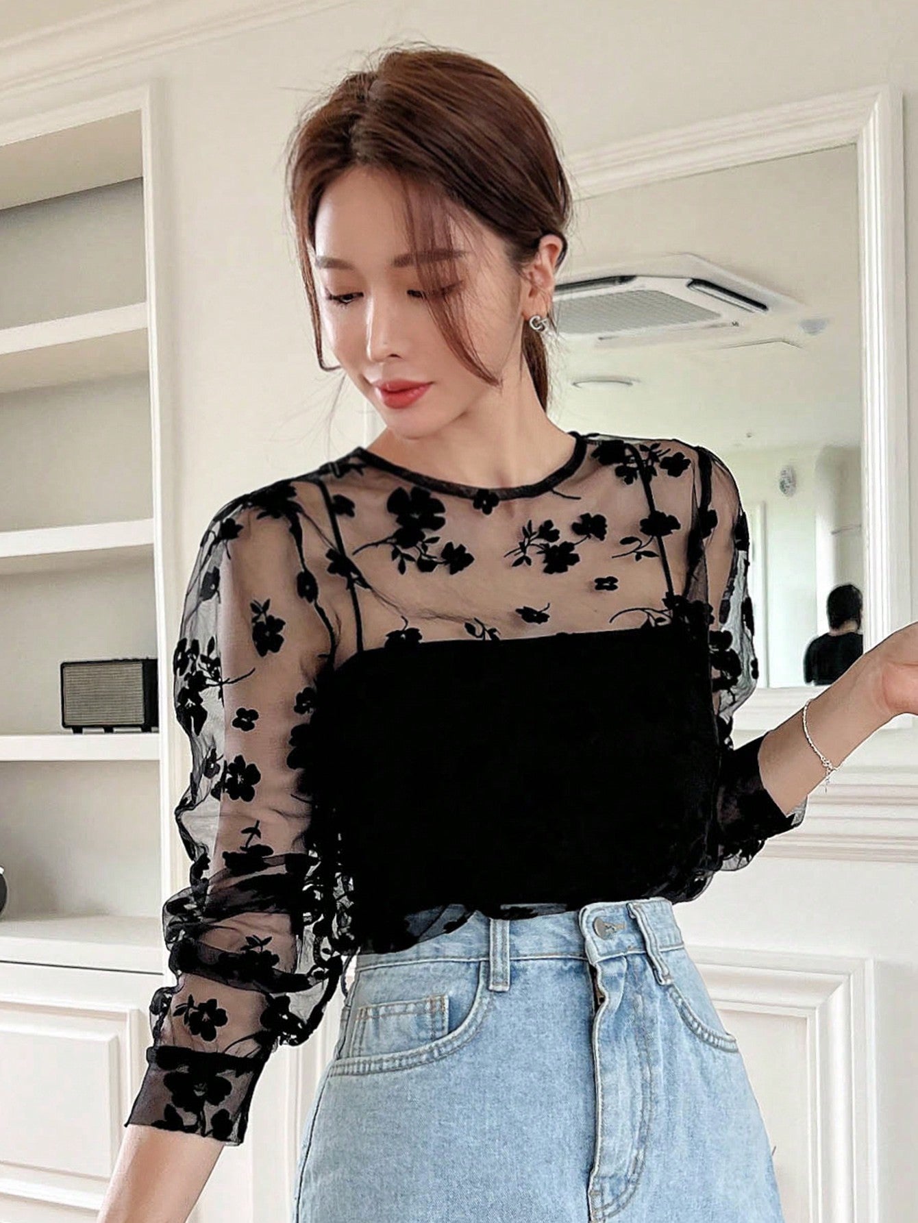  | SHEIN DAZY Kpop Floral Embroidery Mesh Top Without Cami Top | Top | Shein | OneHub