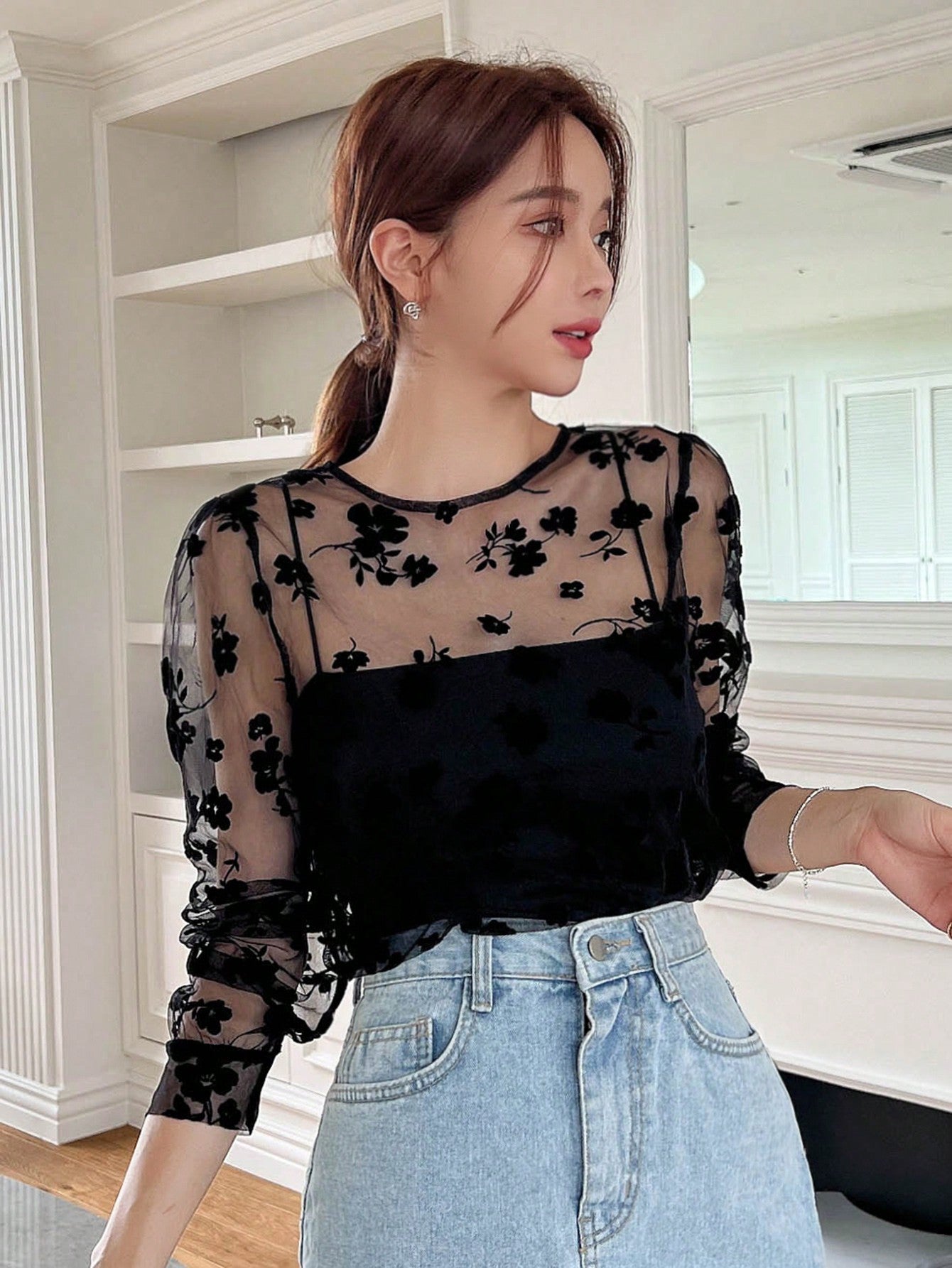  | SHEIN DAZY Kpop Floral Embroidery Mesh Top Without Cami Top | Top | Shein | OneHub