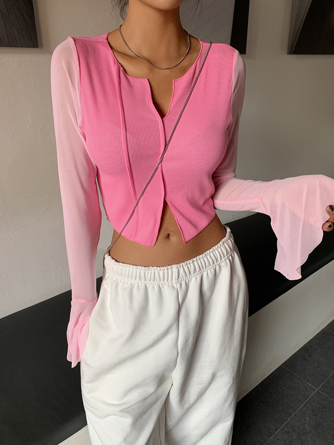  | SHEIN DAZY Notched Neckline Flounce Sleeve Crop Tee | T-shirt | Shein | OneHub