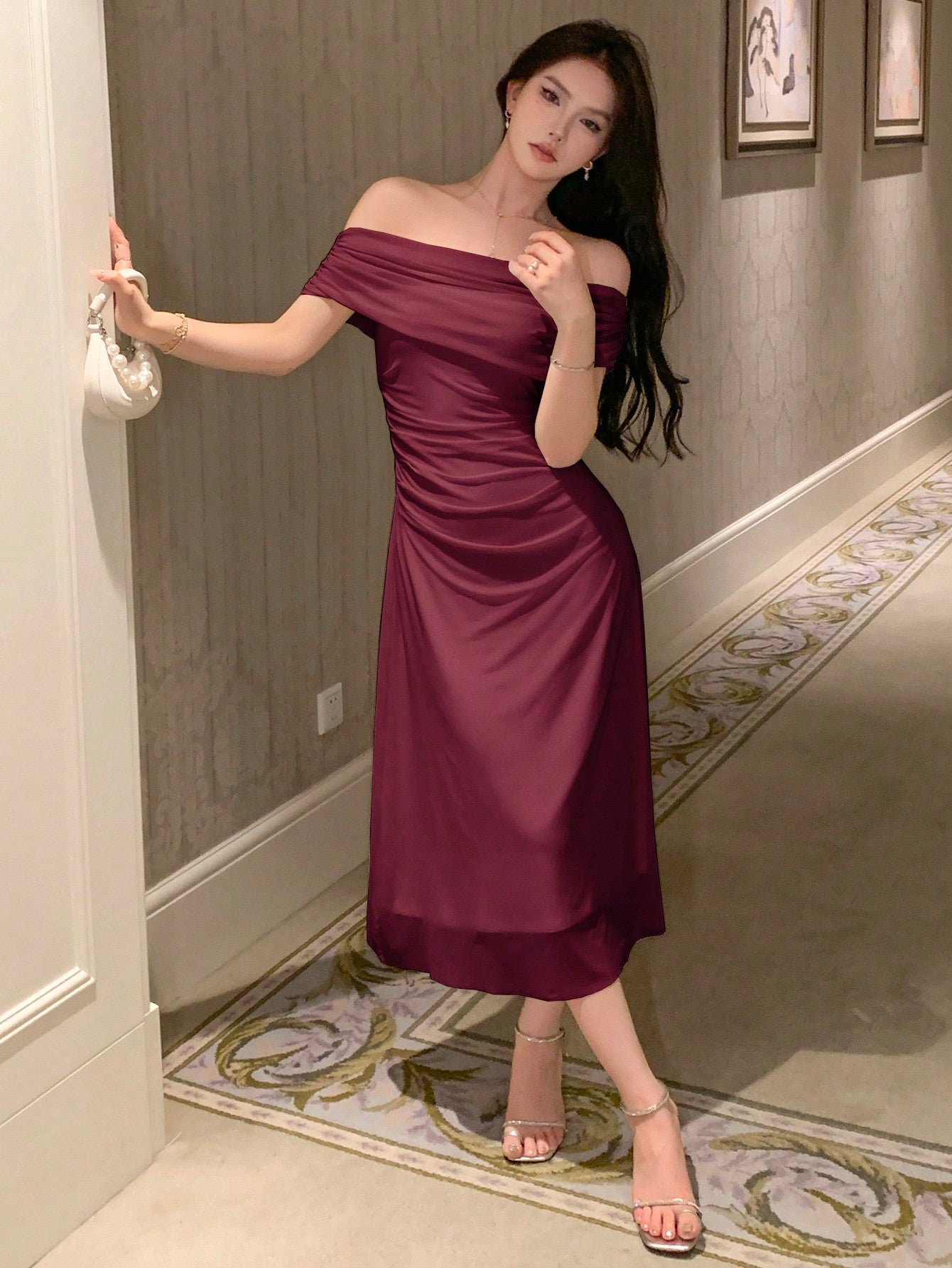  | SHEIN DAZY Solid Bardot Ruched Side Mesh Overlay Dress | Dress | Shein | OneHub