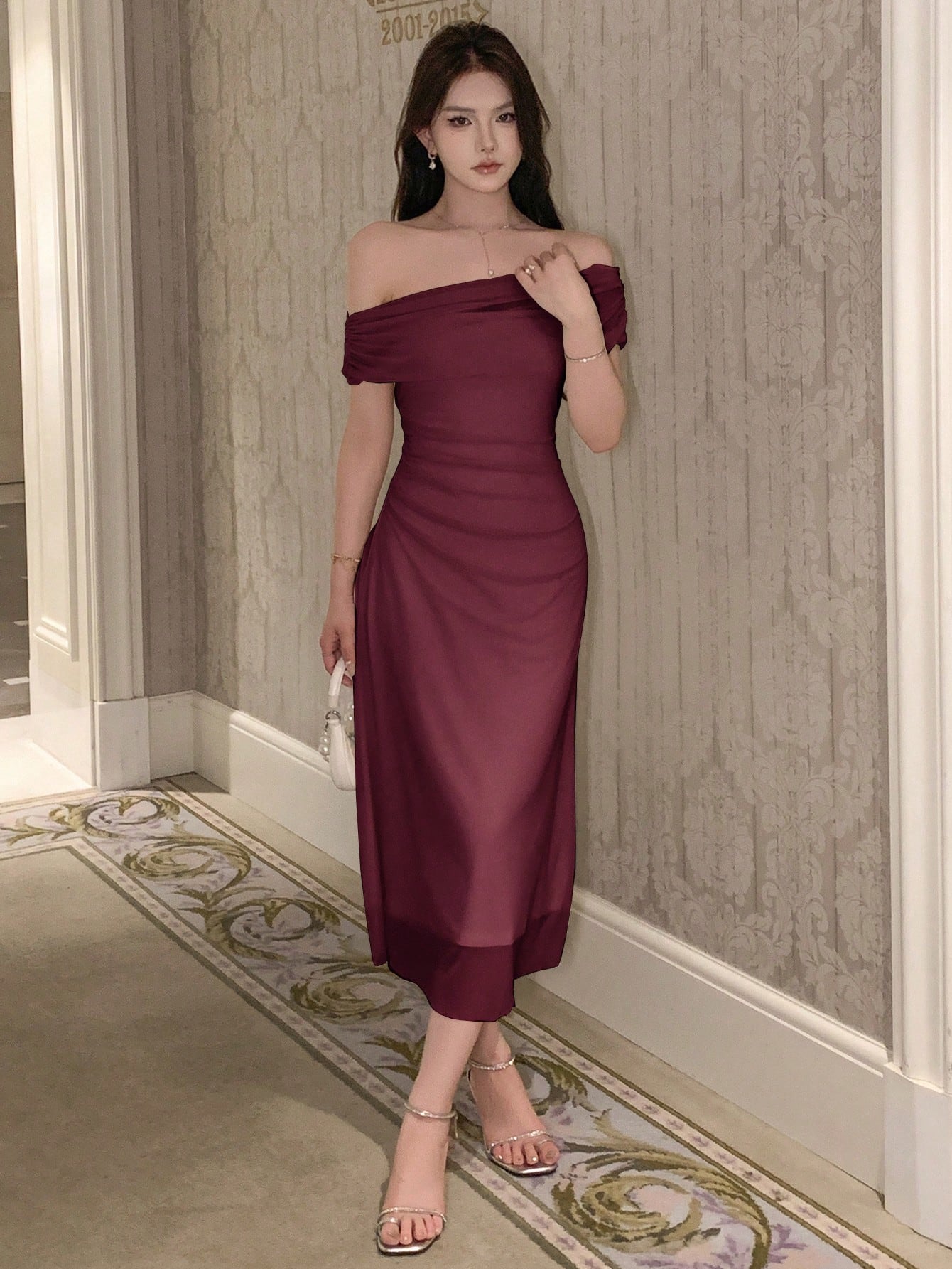  | SHEIN DAZY Solid Bardot Ruched Side Mesh Overlay Dress | Dress | Shein | OneHub