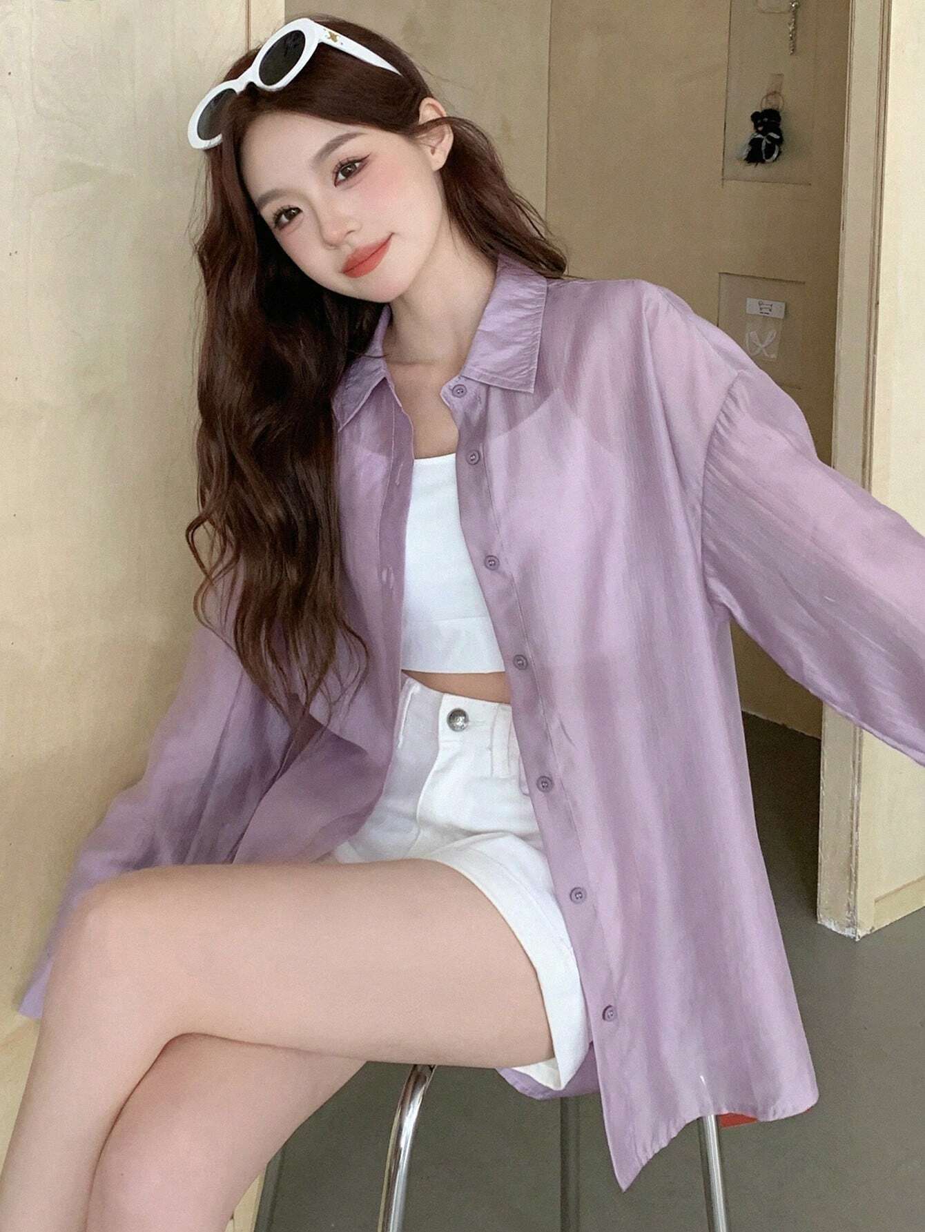  | SHEIN DAZY Solid Color Loose Fit Thin Long Sleeve Button Down Shirt | Top | Shein | OneHub