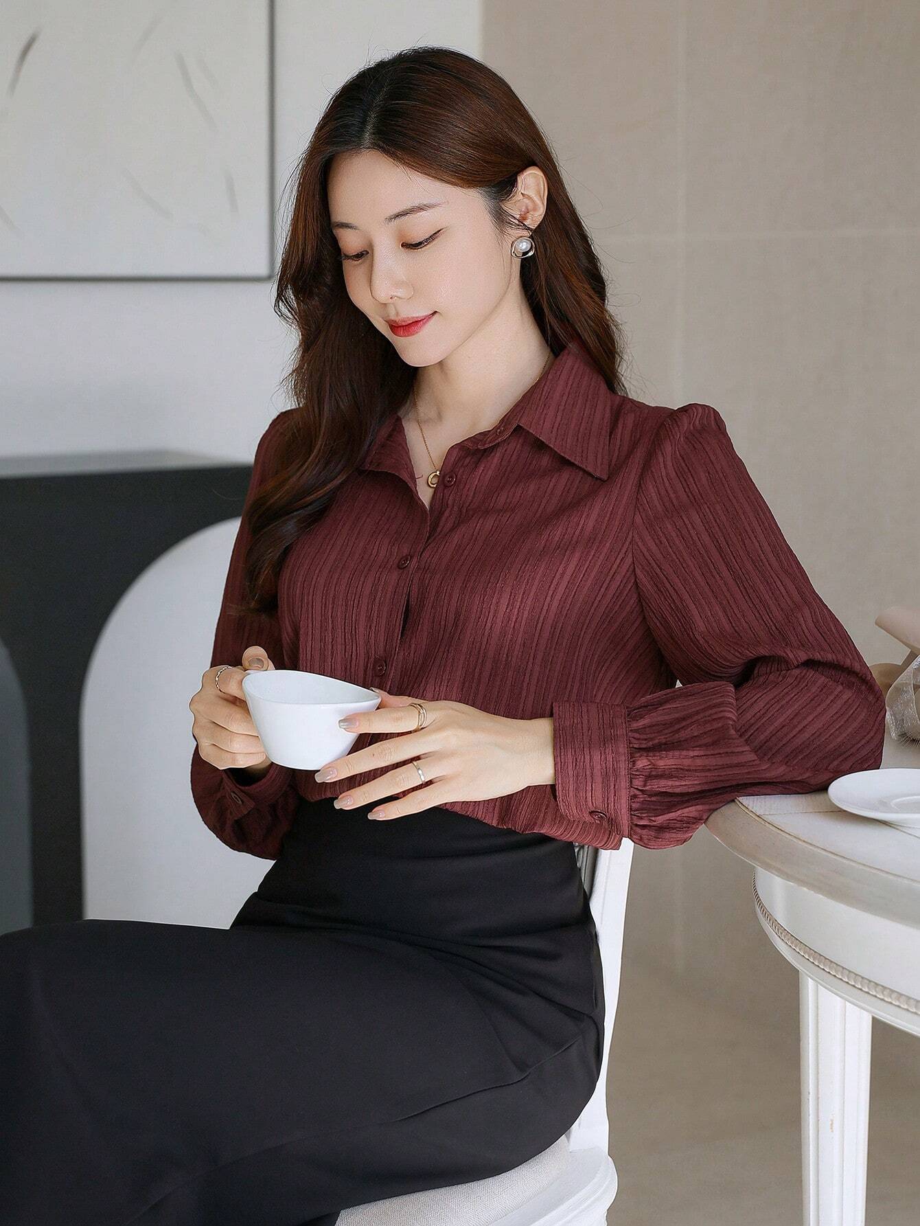  | SHEIN DAZY Solid Color Textured Long Sleeve Women's Button-Down Casual Loose Shirt | Top | Shein | OneHub