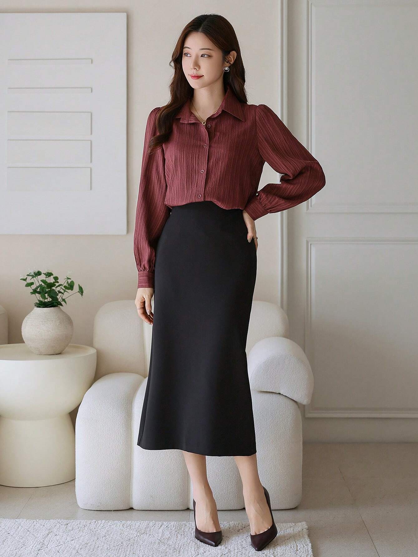  | SHEIN DAZY Solid Color Textured Long Sleeve Women's Button-Down Casual Loose Shirt | Top | Shein | OneHub