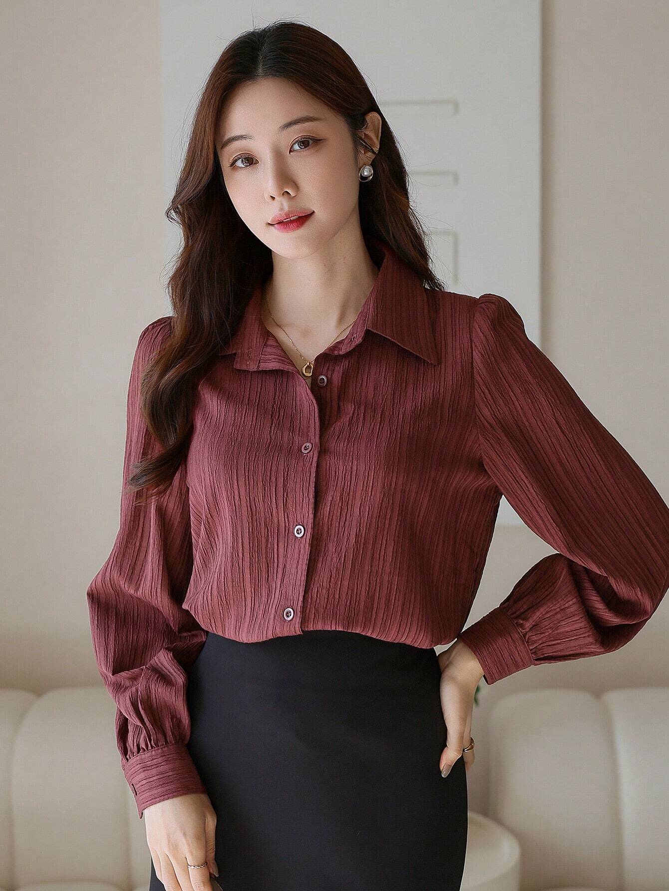  | SHEIN DAZY Solid Color Textured Long Sleeve Women's Button-Down Casual Loose Shirt | Top | Shein | OneHub