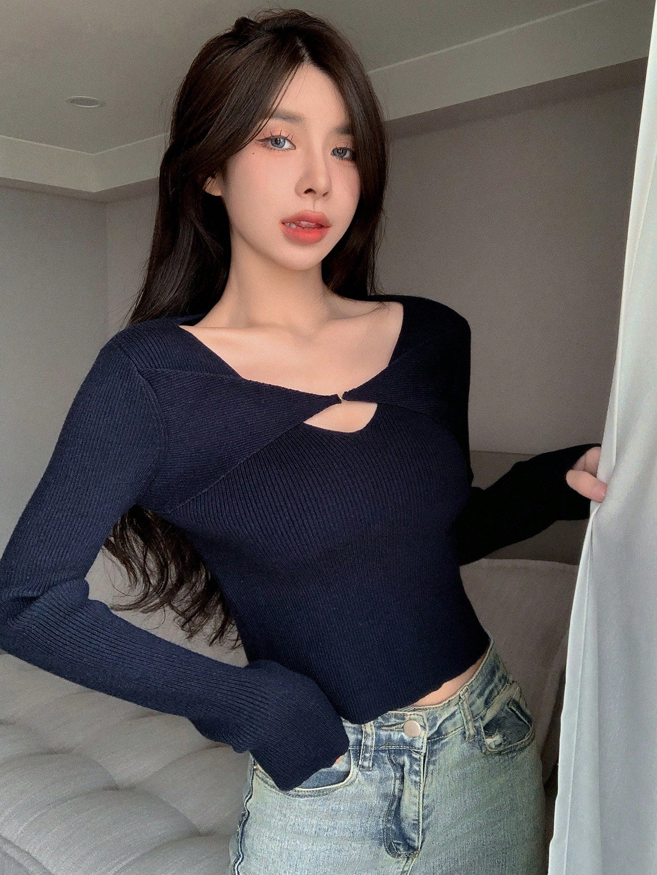  | SHEIN DAZY Solid Cut Front Ribbed Knit Sweater | Sweater | Shein | OneHub