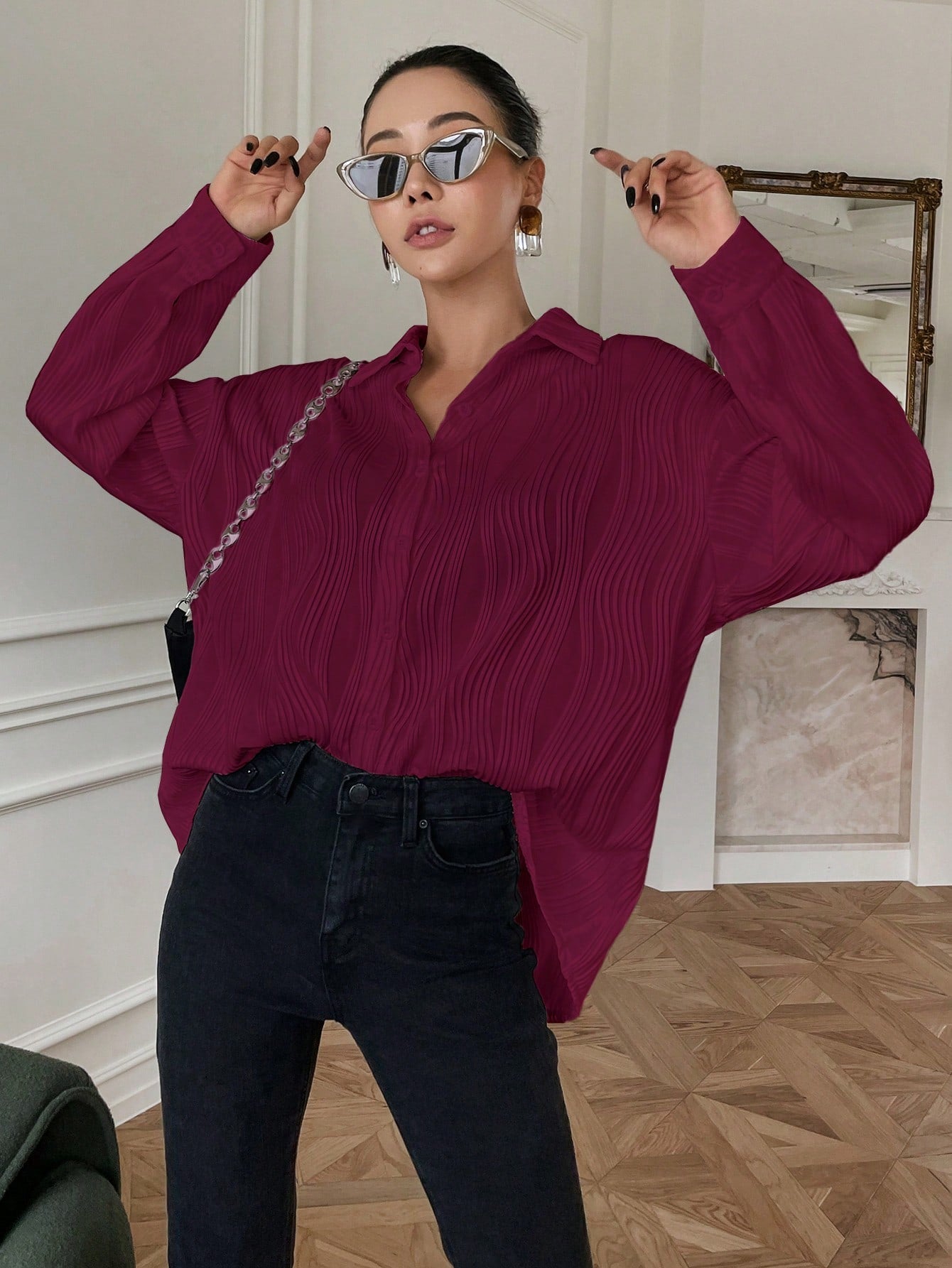  | SHEIN DAZY Solid Drop Shoulder Button Front Shirt | Blouse | Shein | OneHub