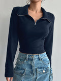 SHEIN DAZY Solid Half Zip Crop Tee Long Sleeve Women Tops