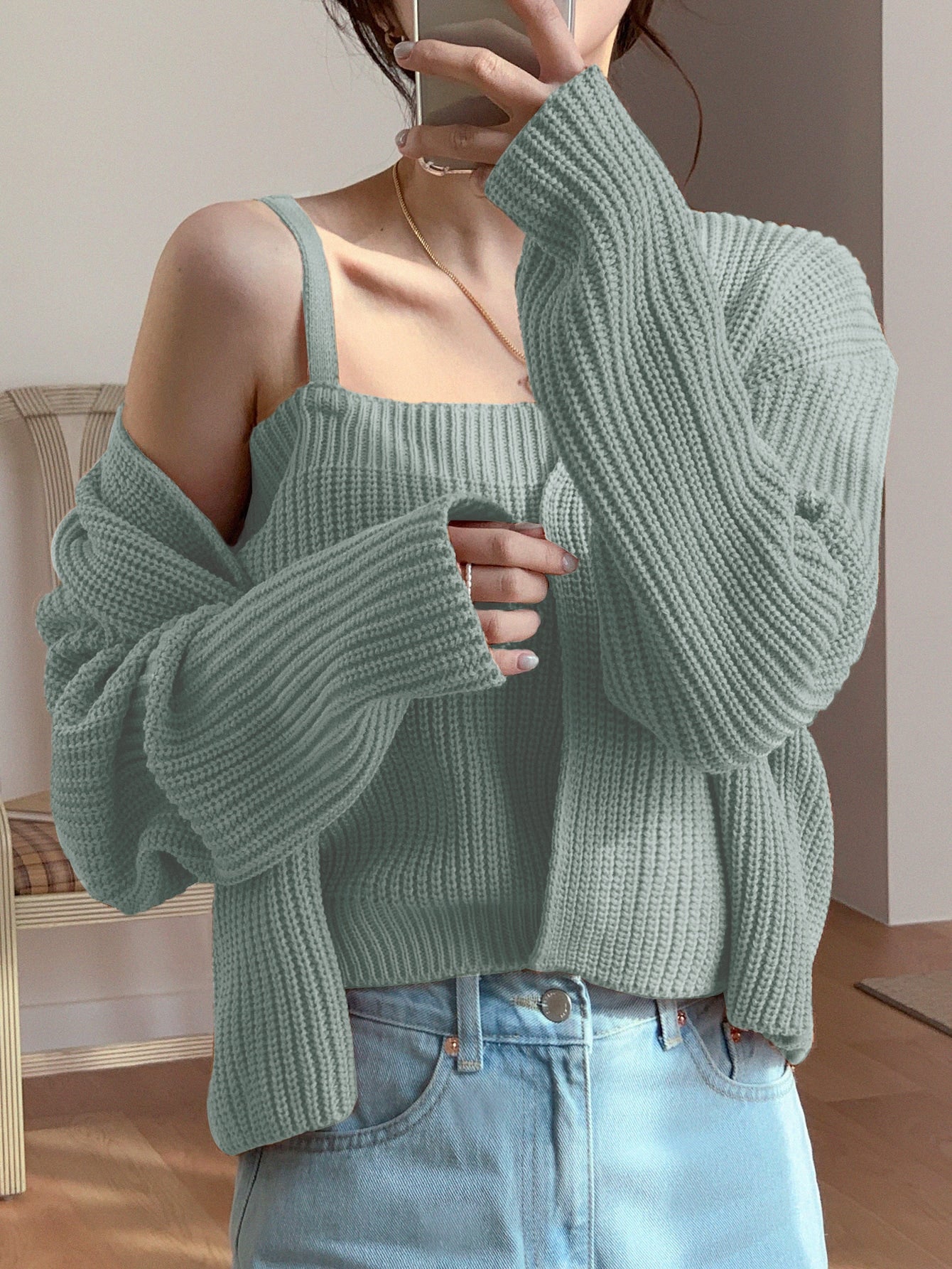  | SHEIN DAZY Solid Ribbed Cami Knit Top & Drop Shoulder Duster Cardigan | Sweater | Shein | OneHub