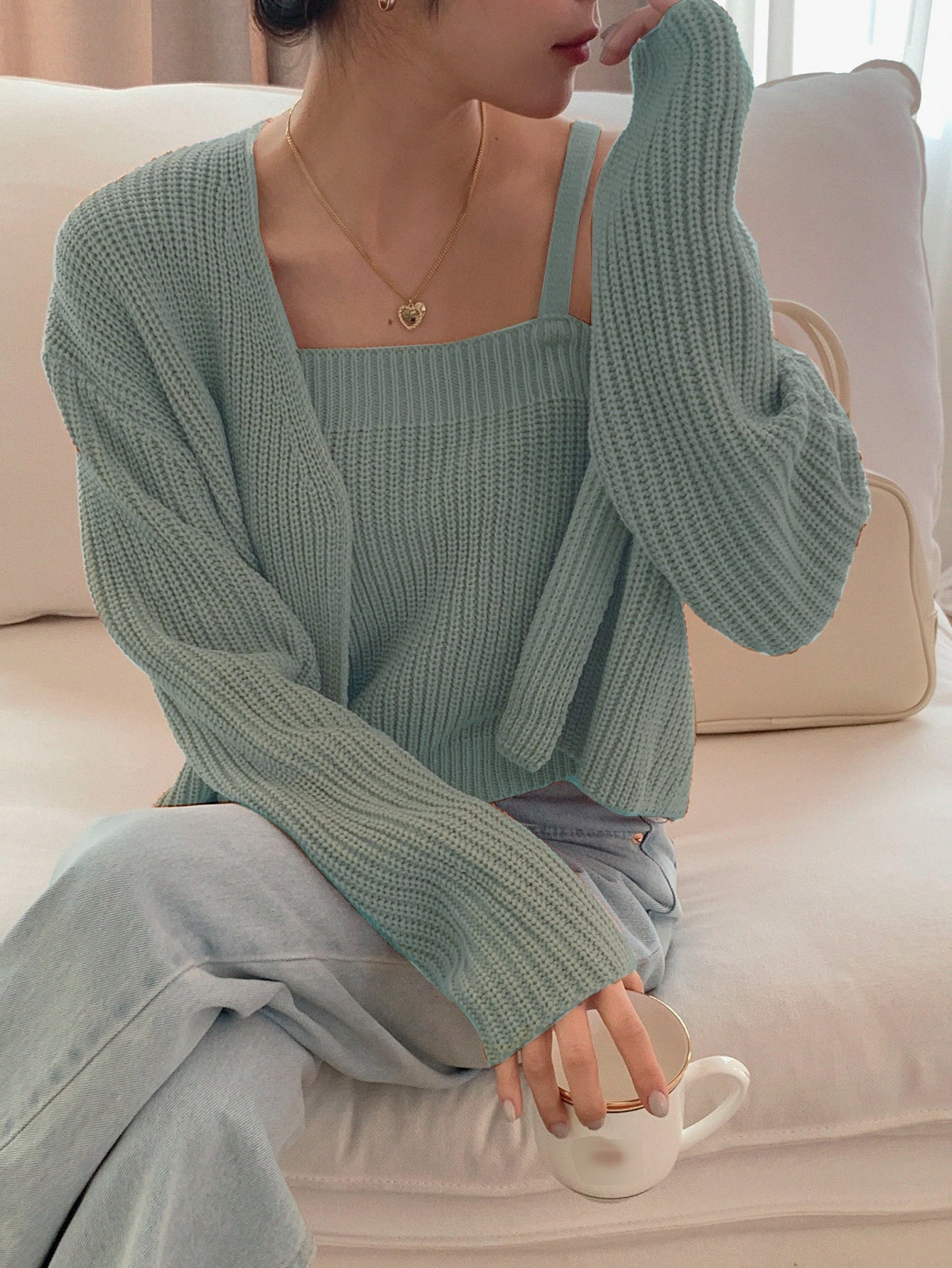  | SHEIN DAZY Solid Ribbed Cami Knit Top & Drop Shoulder Duster Cardigan | Sweater | Shein | OneHub