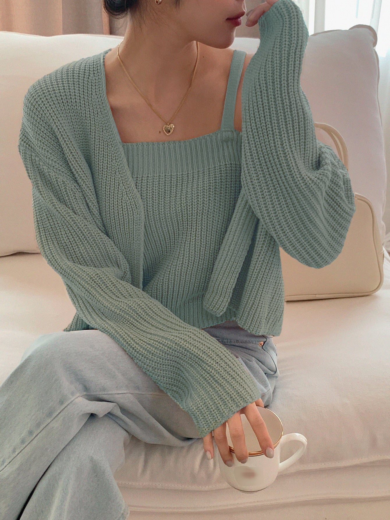  | SHEIN DAZY Solid Ribbed Cami Knit Top & Drop Shoulder Duster Cardigan | Sweater | Shein | OneHub