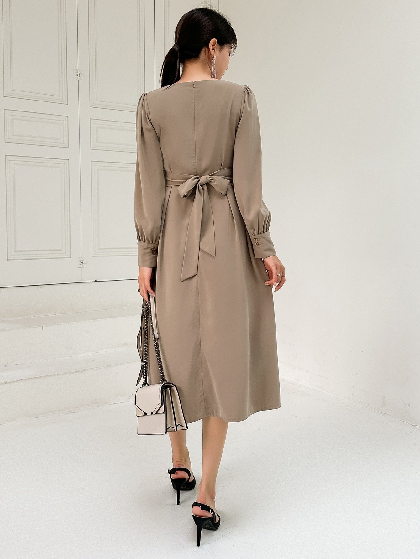  | SHEIN DAZY Square Neck Puff Sleeve Fold Pleated Detail Tie Back Dress | Dress | Shein | OneHub