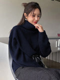 SHEIN DAZY Turtleneck Drop Shoulder Sweater,Ladies Winter Casual Long Sleeve Regular Fit Navy Blue Drop Shoulder Pullovers Women Sweaters,Long Sleeve Tops,Fall Women Clothes