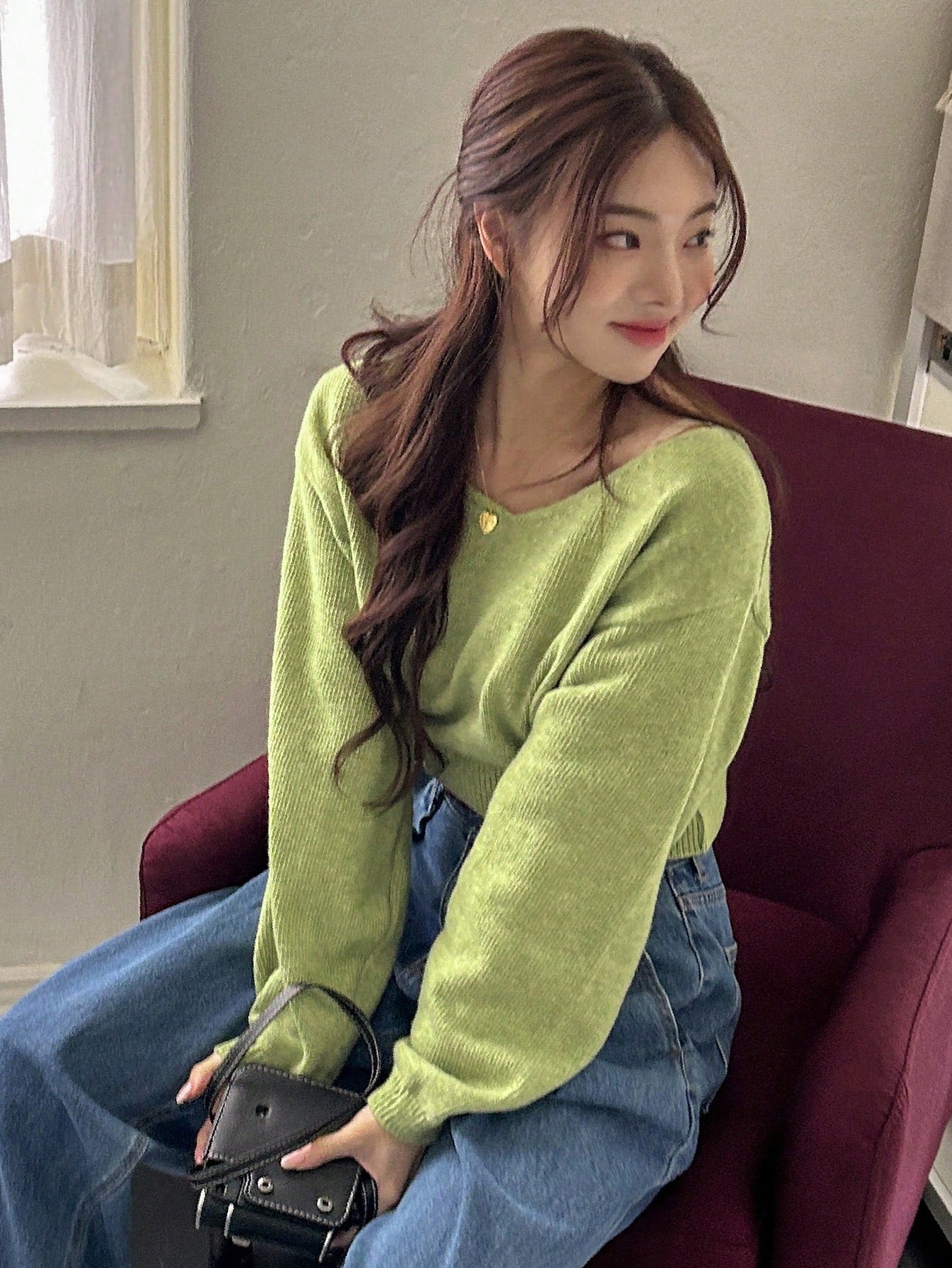 SHEIN DAZY Vintage Minimalist V-Neck Long Sleeve Pullover Sweater, Slimming, Autumn