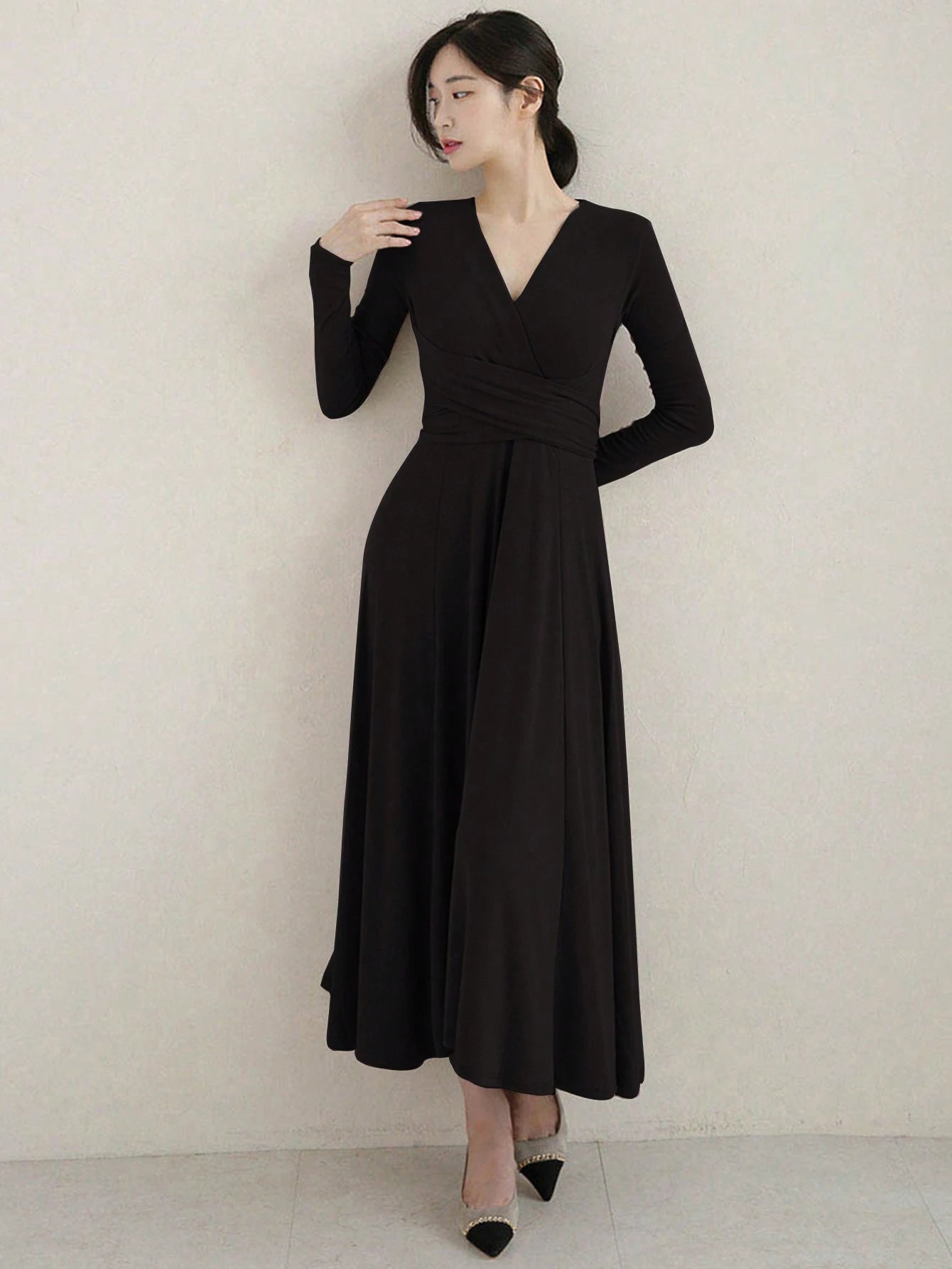 shein black midi dress SHEIN LUNE Women's Beaded Stand Collar Bodycon Long Sleeve Midi Dress