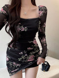 SHEIN DAZY Women Floral Print Mock Neck Long Sleeve Fitted Dress With Thermal Lined