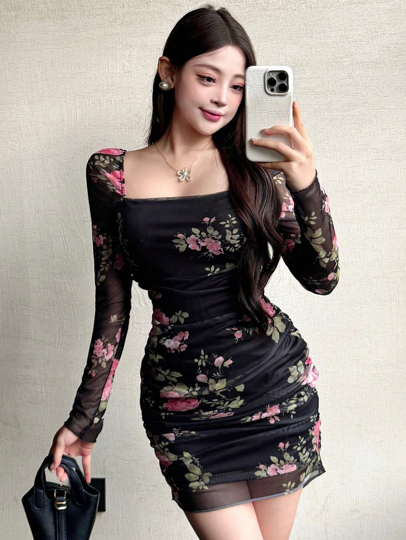  | SHEIN DAZY Women Floral Print Mock Neck Long Sleeve Fitted Dress With Thermal Lined | Dress | Shein | OneHub