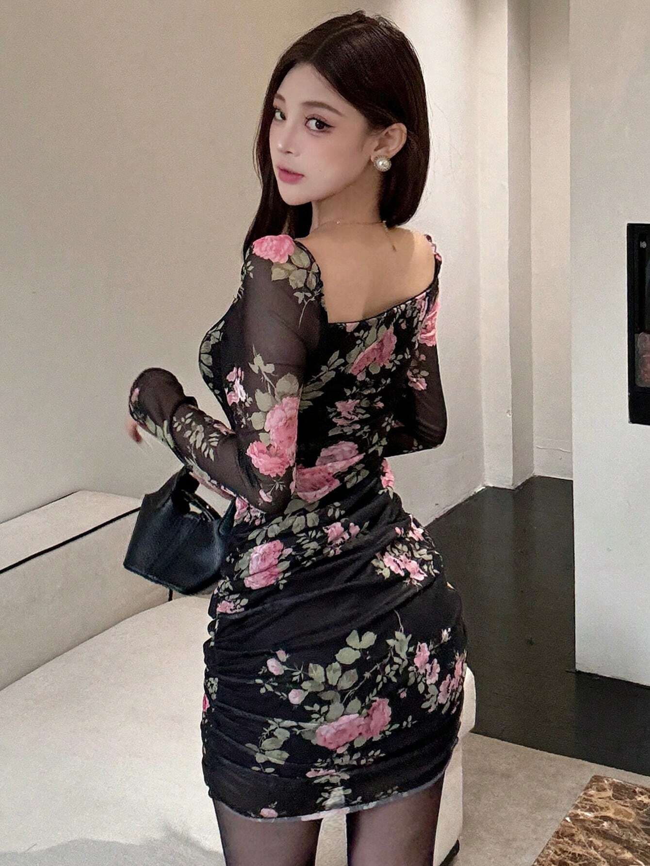  | SHEIN DAZY Women Floral Print Mock Neck Long Sleeve Fitted Dress With Thermal Lined | Dress | Shein | OneHub