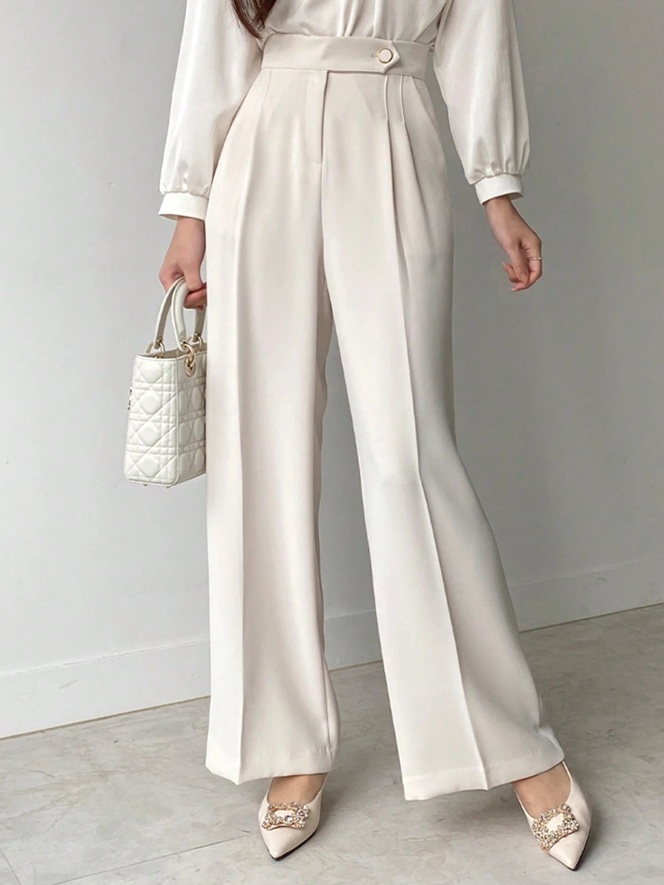  | SHEIN DAZY Women Plain Asymmetric Waist Loose Straight-Leg Suit Pants, White, All Seasons | Pants | Shein | OneHub