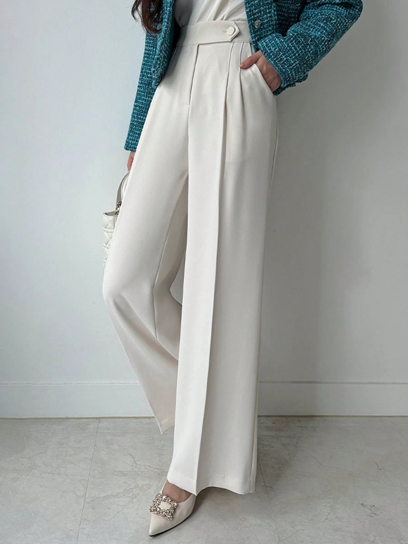  | SHEIN DAZY Women Plain Asymmetric Waist Loose Straight-Leg Suit Pants, White, All Seasons | Pants | Shein | OneHub