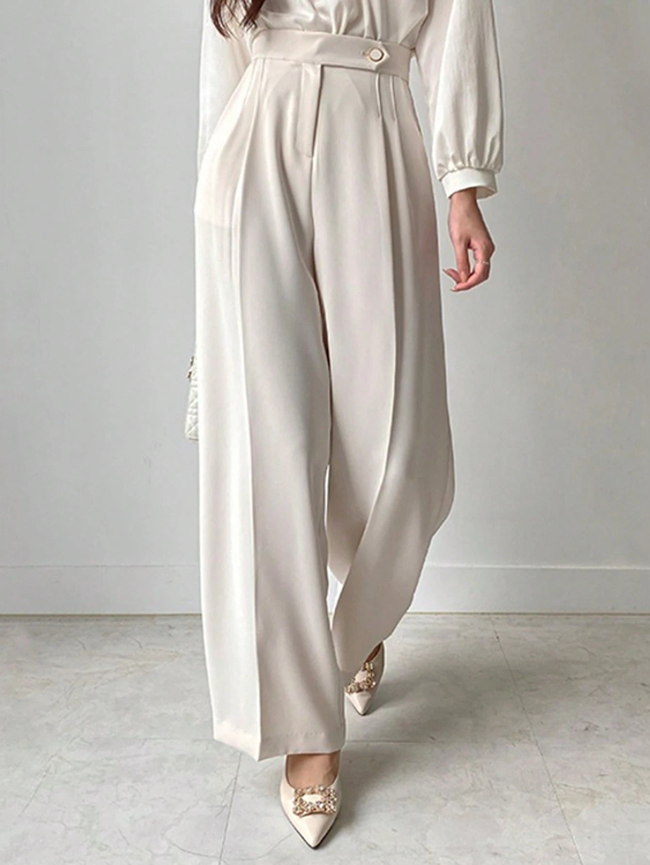  | SHEIN DAZY Women Plain Asymmetric Waist Loose Straight-Leg Suit Pants, White, All Seasons | Pants | Shein | OneHub