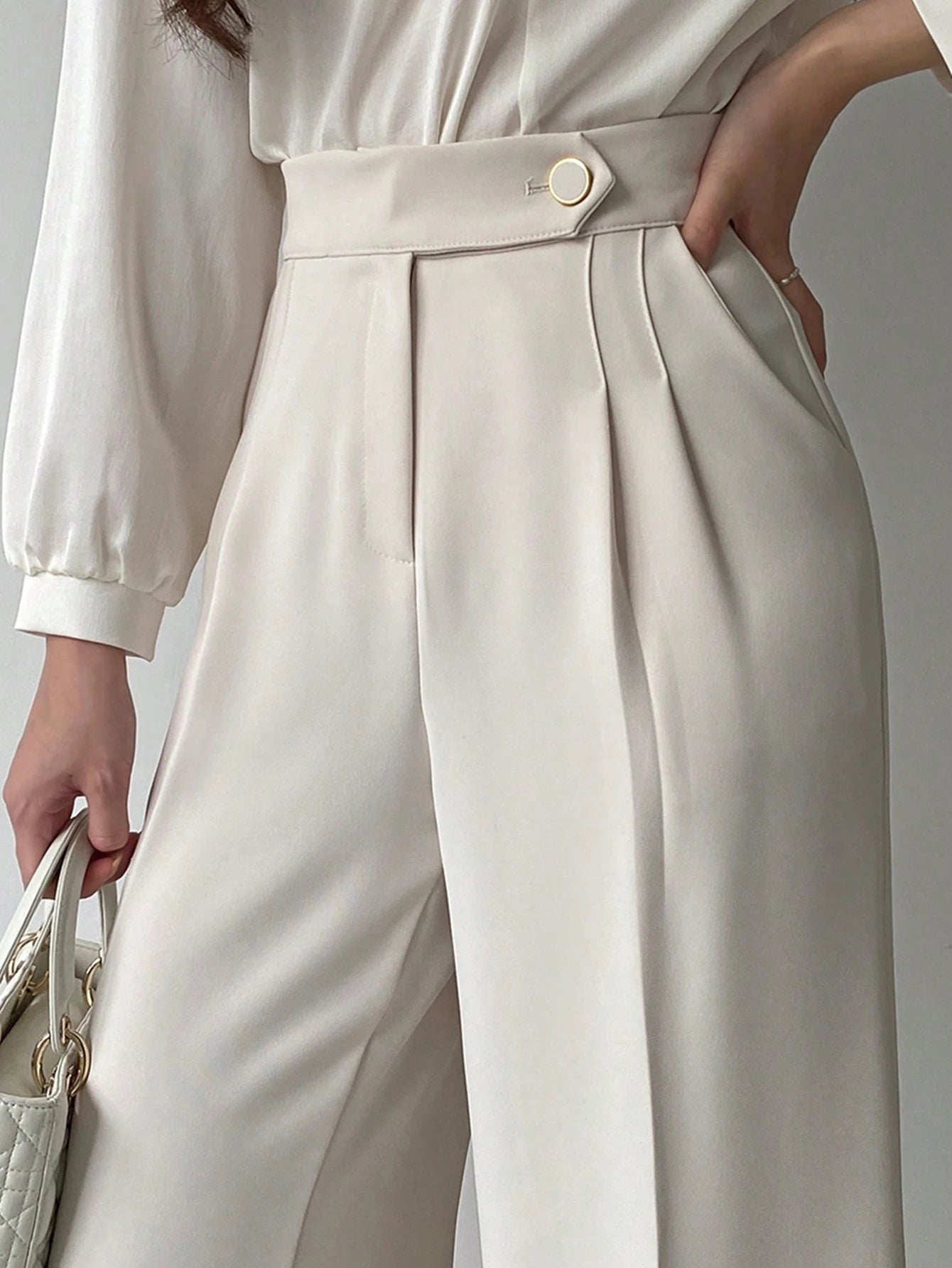  | SHEIN DAZY Women Plain Asymmetric Waist Loose Straight-Leg Suit Pants, White, All Seasons | Pants | Shein | OneHub