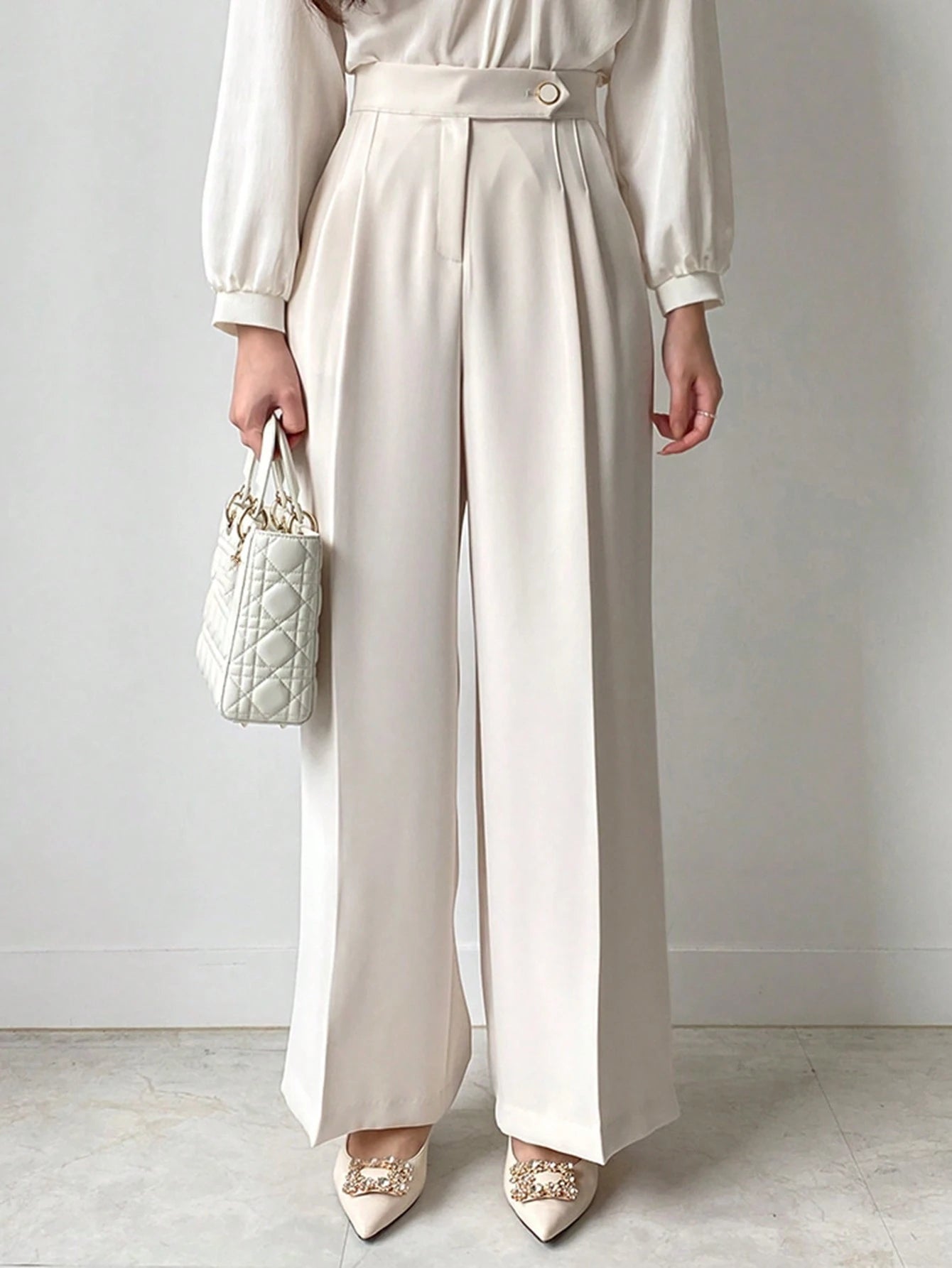  | SHEIN DAZY Women Plain Asymmetric Waist Loose Straight-Leg Suit Pants, White, All Seasons | Pants | Shein | OneHub