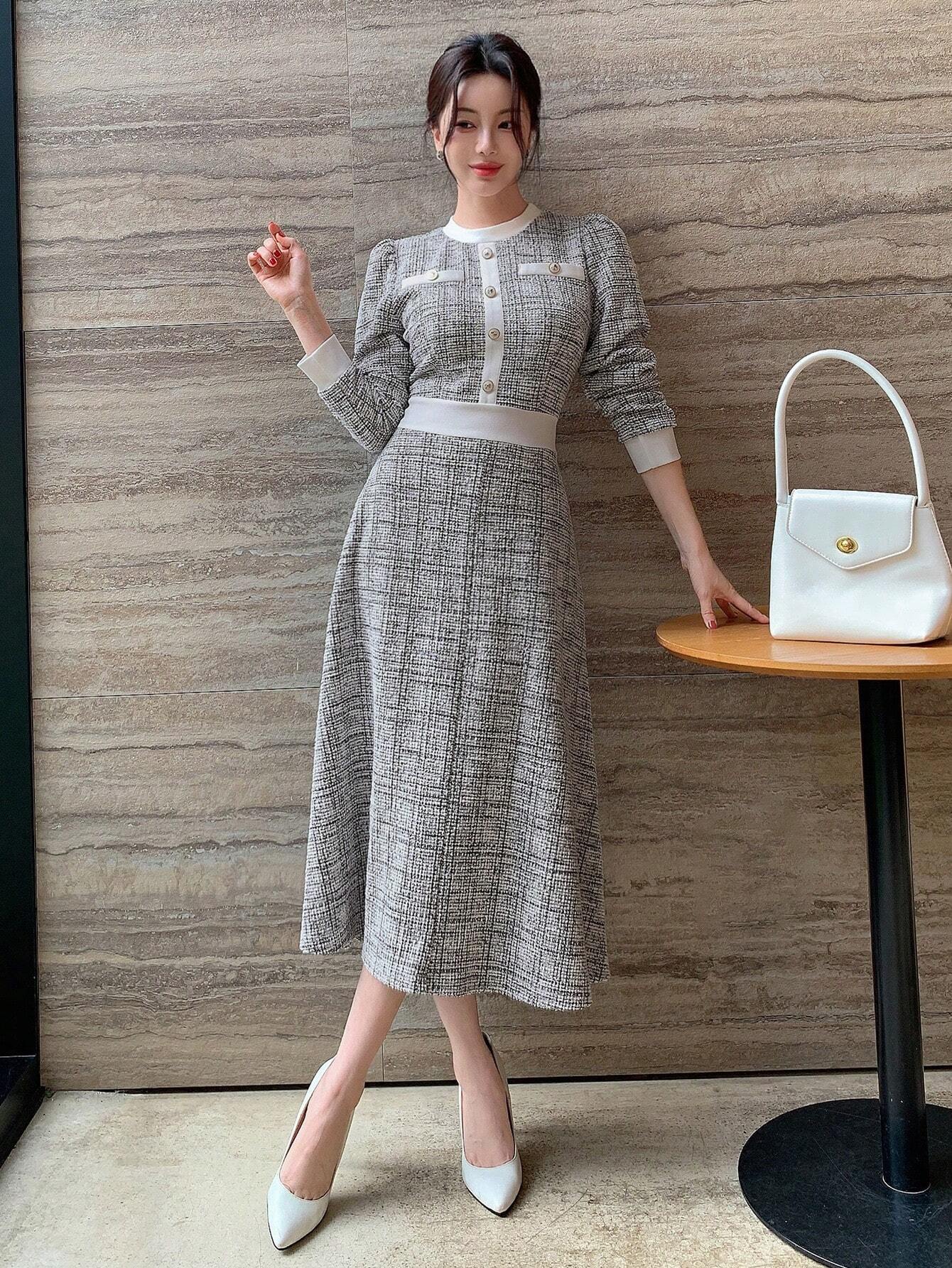 SHEIN DAZY Women Round Neck Solid Color Patchwork Long Sleeve Front Button Minimalist Casual Mid-Length Dress,Fall Clothes Plaid