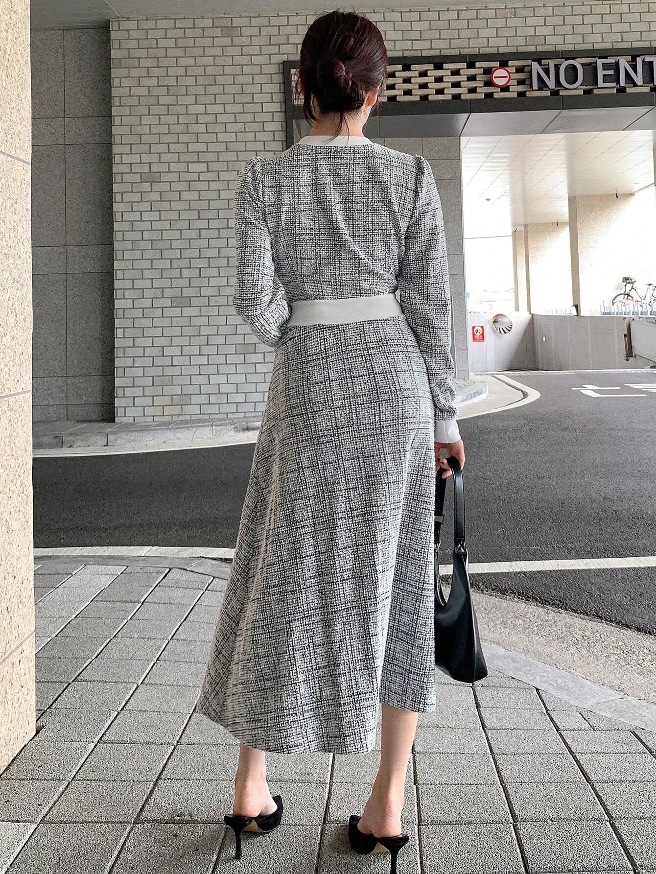 SHEIN DAZY Women Round Neck Solid Color Patchwork Long Sleeve Front Button Minimalist Casual Mid-Length Dress,Fall Clothes Plaid