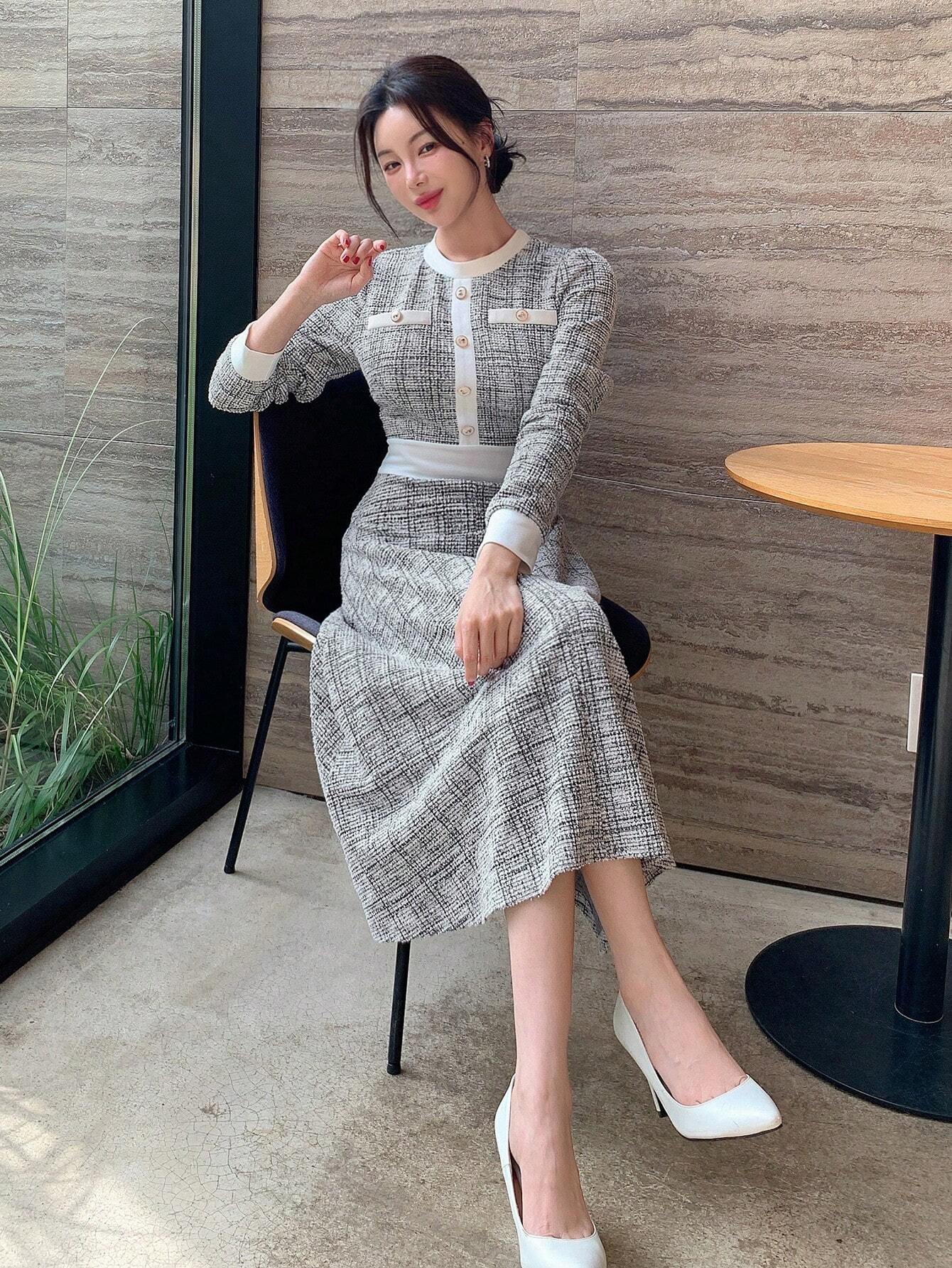 SHEIN DAZY Women Round Neck Solid Color Patchwork Long Sleeve Front Button Minimalist Casual Mid-Length Dress,Fall Clothes Plaid
