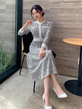 SHEIN DAZY Women Round Neck Solid Color Patchwork Long Sleeve Front Button Minimalist Casual Mid-Length Dress,Fall Clothes Plaid