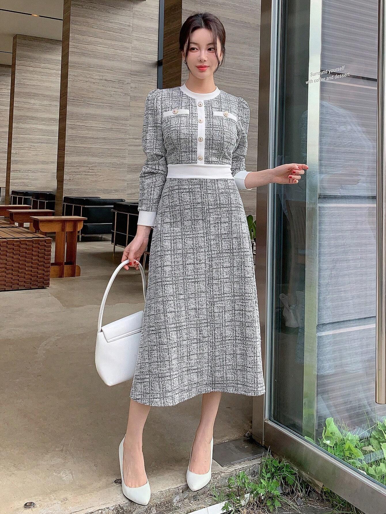 SHEIN DAZY Women Round Neck Solid Color Patchwork Long Sleeve Front Button Minimalist Casual Mid-Length Dress,Fall Clothes Plaid