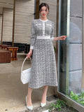 SHEIN DAZY Women Round Neck Solid Color Patchwork Long Sleeve Front Button Minimalist Casual Mid-Length Dress,Fall Clothes Plaid