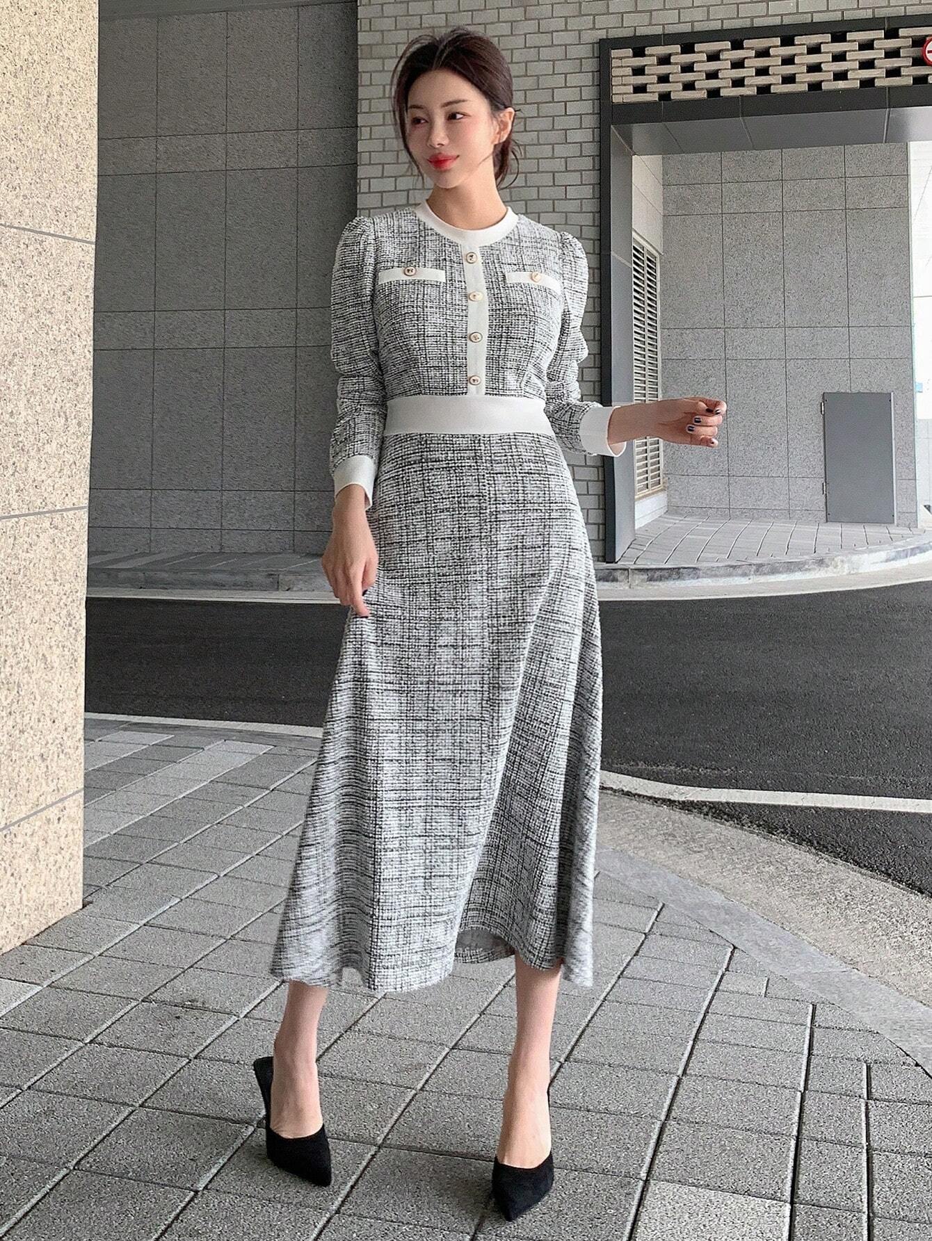 SHEIN DAZY Women Round Neck Solid Color Patchwork Long Sleeve Front Button Minimalist Casual Mid-Length Dress,Fall Clothes Plaid