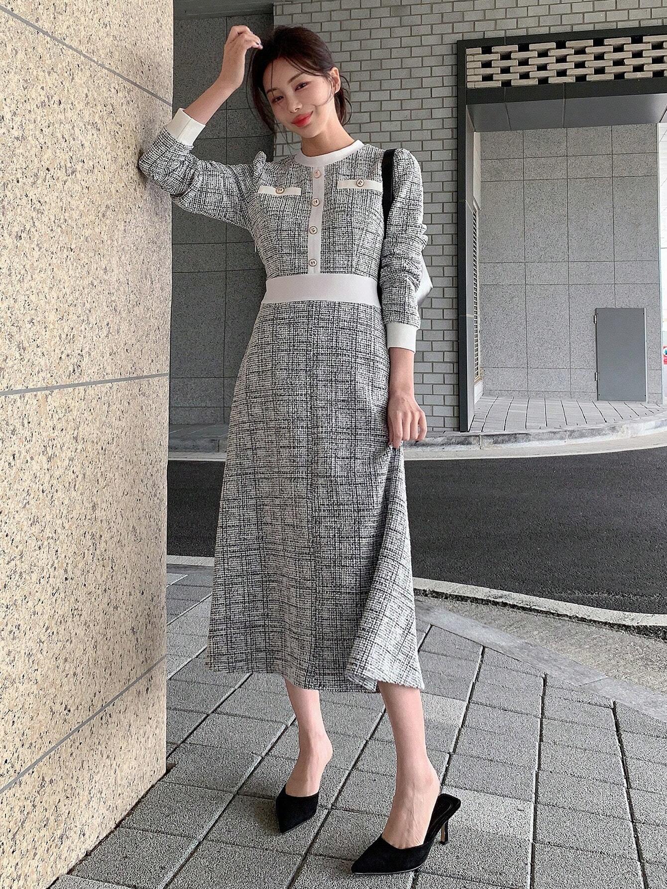 SHEIN DAZY Women Round Neck Solid Color Patchwork Long Sleeve Front Button Minimalist Casual Mid-Length Dress,Fall Clothes Plaid
