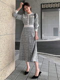 SHEIN DAZY Women Round Neck Solid Color Patchwork Long Sleeve Front Button Minimalist Casual Mid-Length Dress,Fall Clothes Plaid