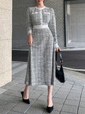 SHEIN DAZY Women Round Neck Solid Color Patchwork Long Sleeve Front Button Minimalist Casual Mid-Length Dress,Fall Clothes Plaid