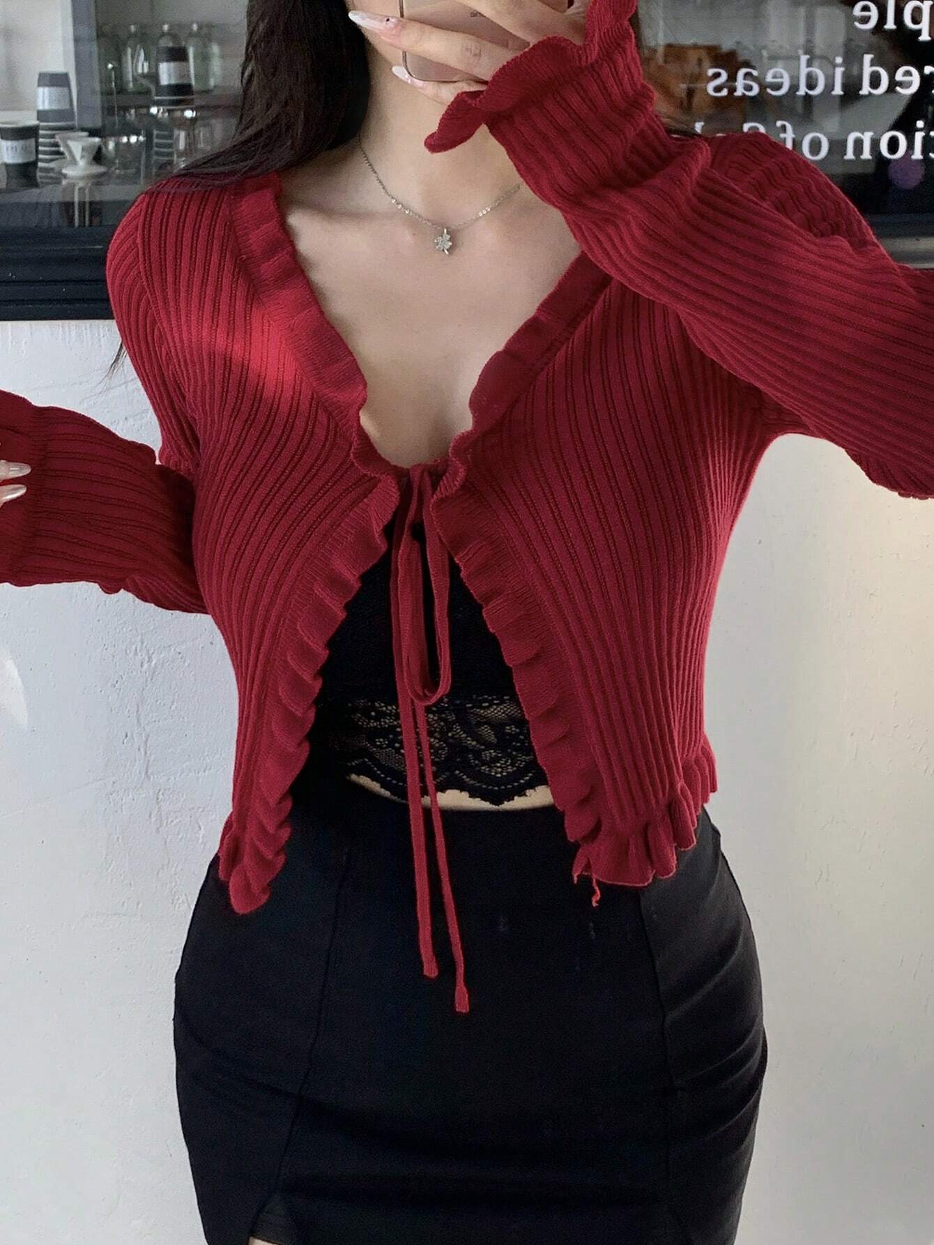  | SHEIN DAZY Women Spring And Autumn Solid Color Long Sleeve Front Tie Short Ruffle Cardigan | Sweater | Shein | OneHub