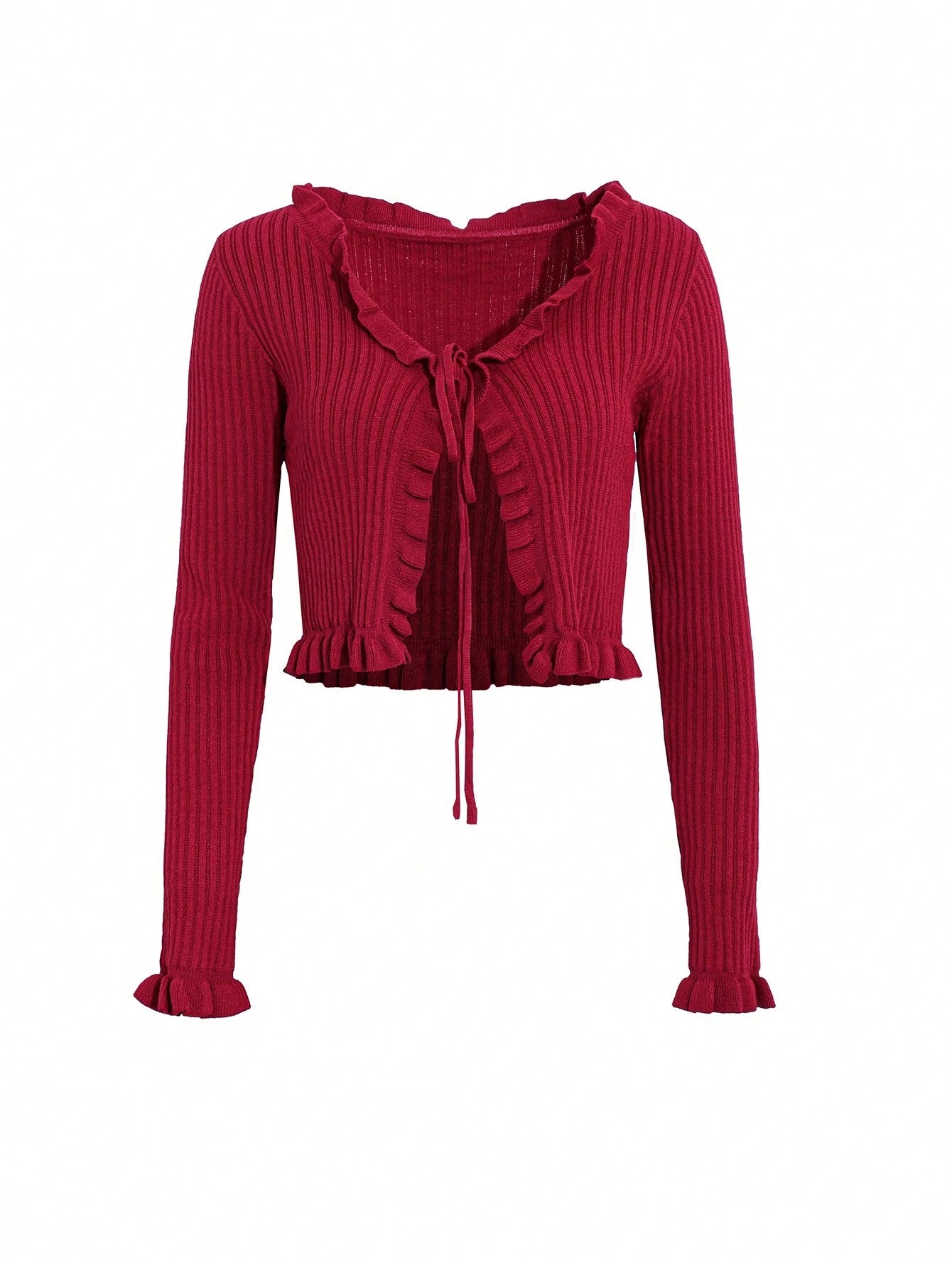  | SHEIN DAZY Women Spring And Autumn Solid Color Long Sleeve Front Tie Short Ruffle Cardigan | Sweater | Shein | OneHub