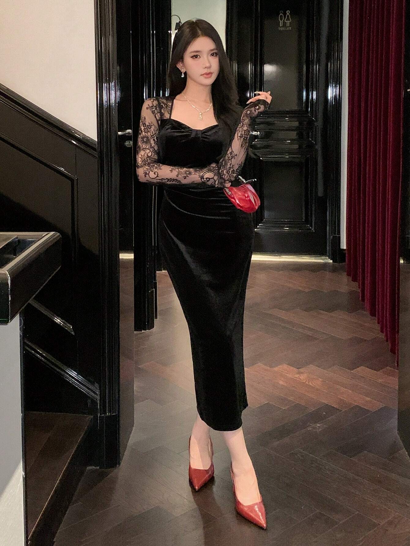  | SHEIN DAZY Women's Elegant Contrast Lace Long Dress, Autumn ,New Year Eve Prom Dress Elegant Long Sleeve Dress | Dress | Shein | OneHub