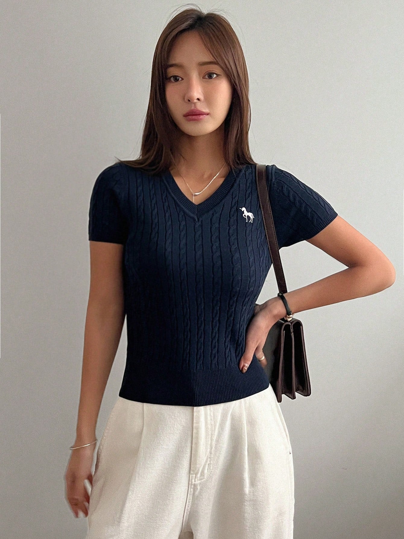 SHEIN DAZY Women's Embroidery Pattern Slim Fit V-Neck Short Sleeve Knitted Top, Suitable For Spring And Summer