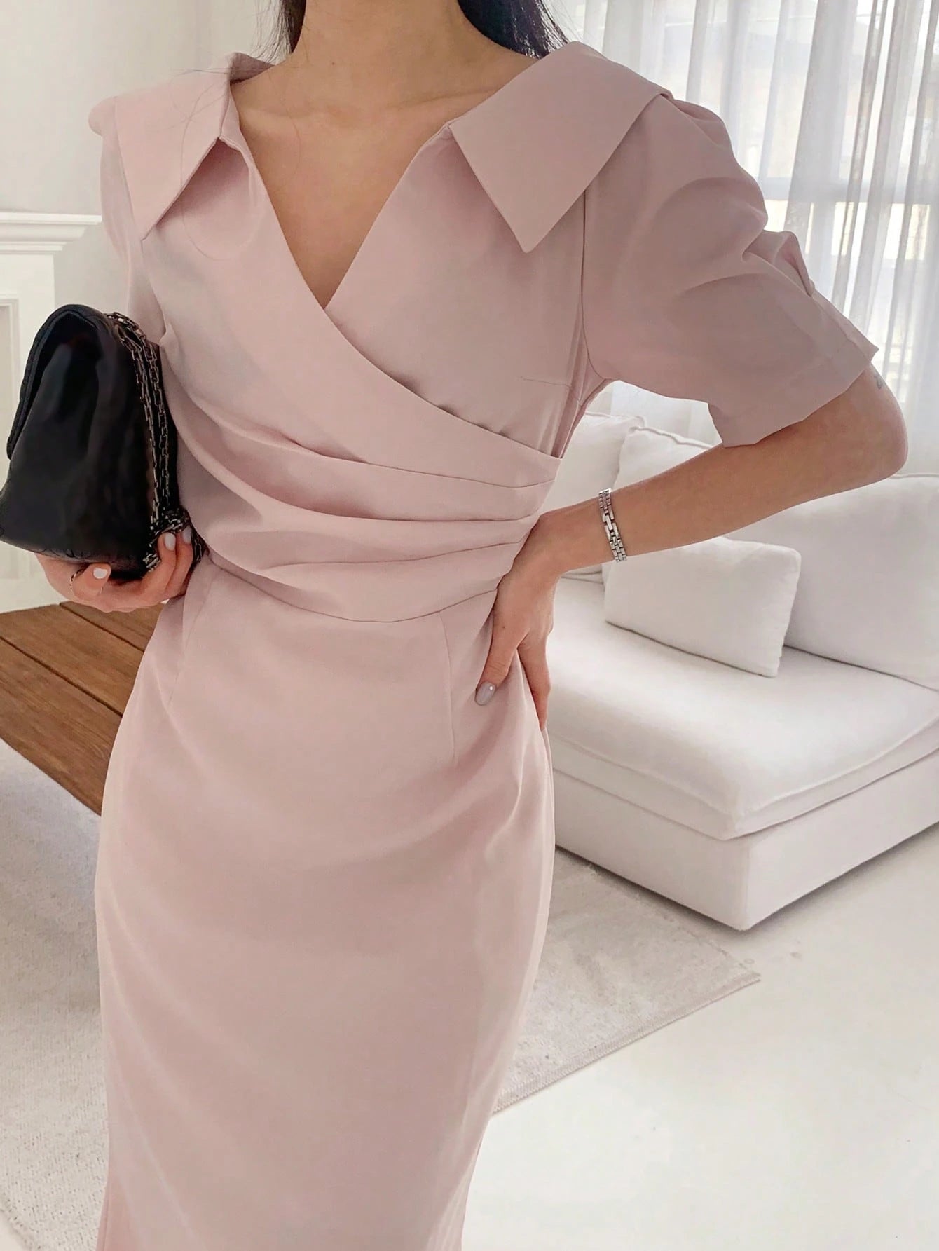 SHEIN DAZY Women's Polo Collar Short Sleeve Waist Fit Mermaid Midi Dress Shirt Dress