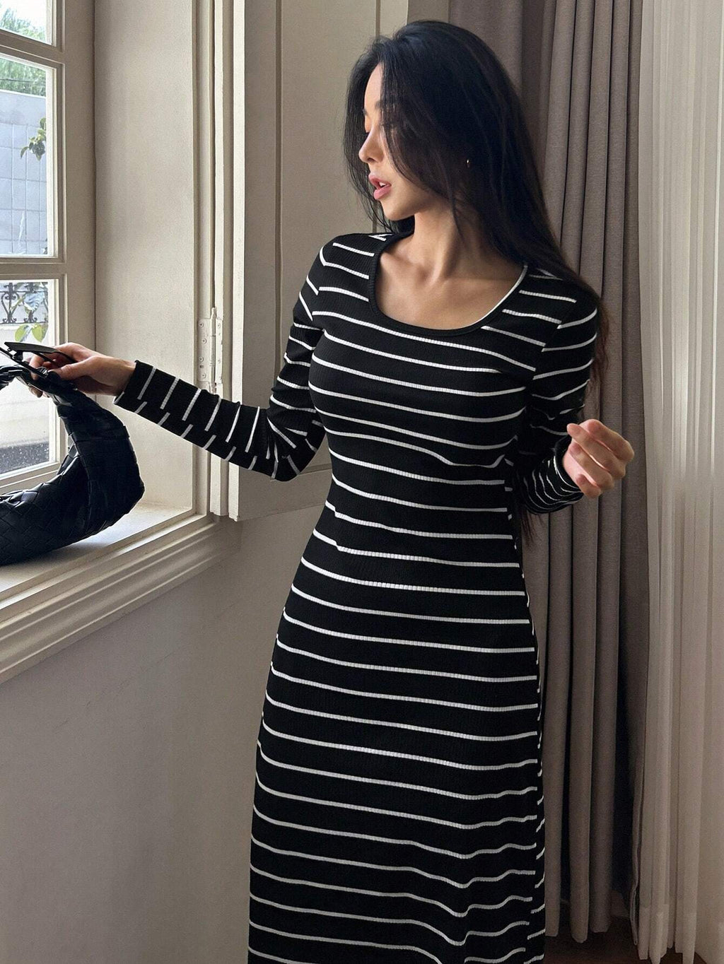 SHEIN DAZY Women's Round Neck Long Sleeve Striped Simple Casual Dress |  Dress
