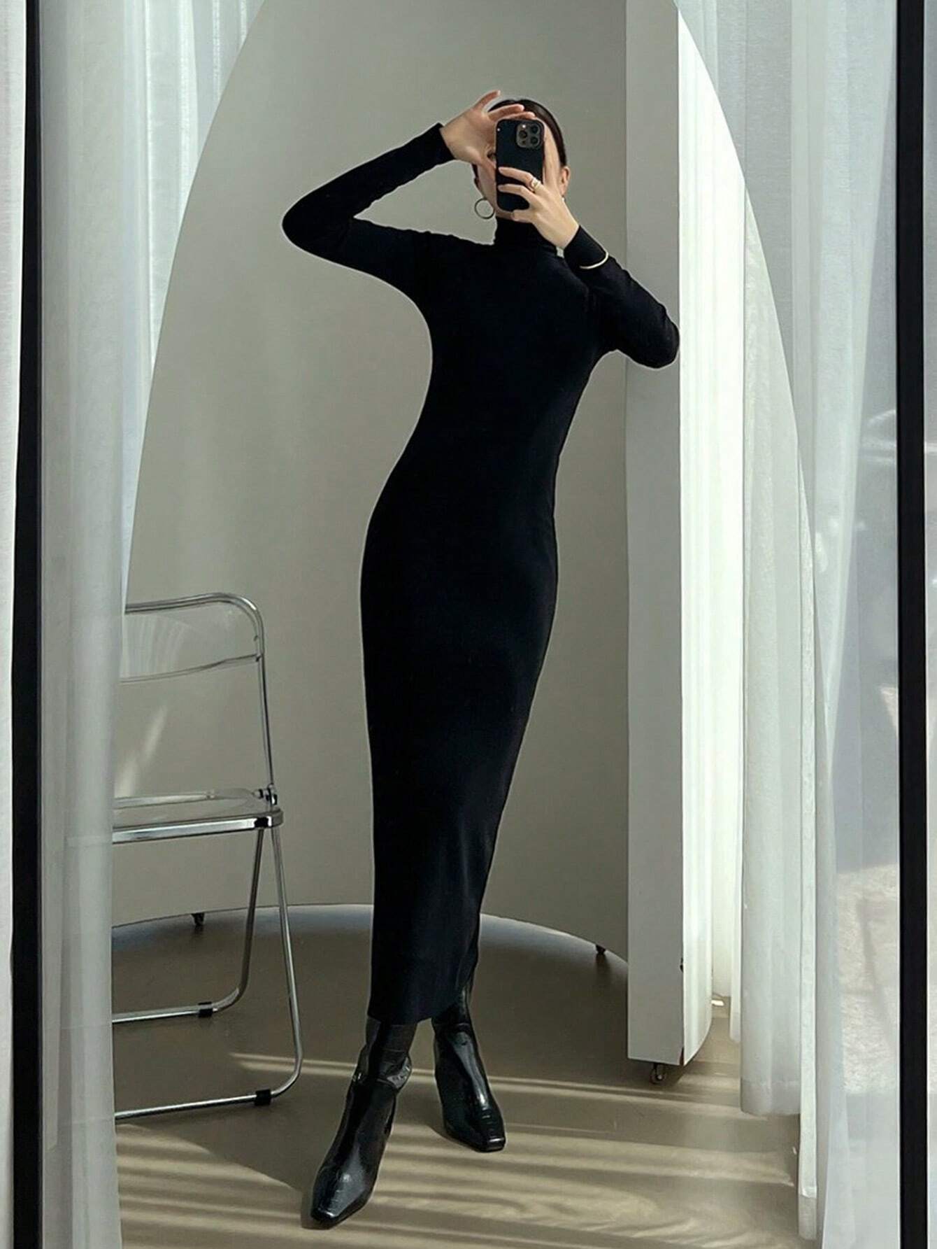  | SHEIN DAZY Women's Solid Color Slim Fit High Neck Slimming Versatile Long Dress | Dress | Shein | OneHub