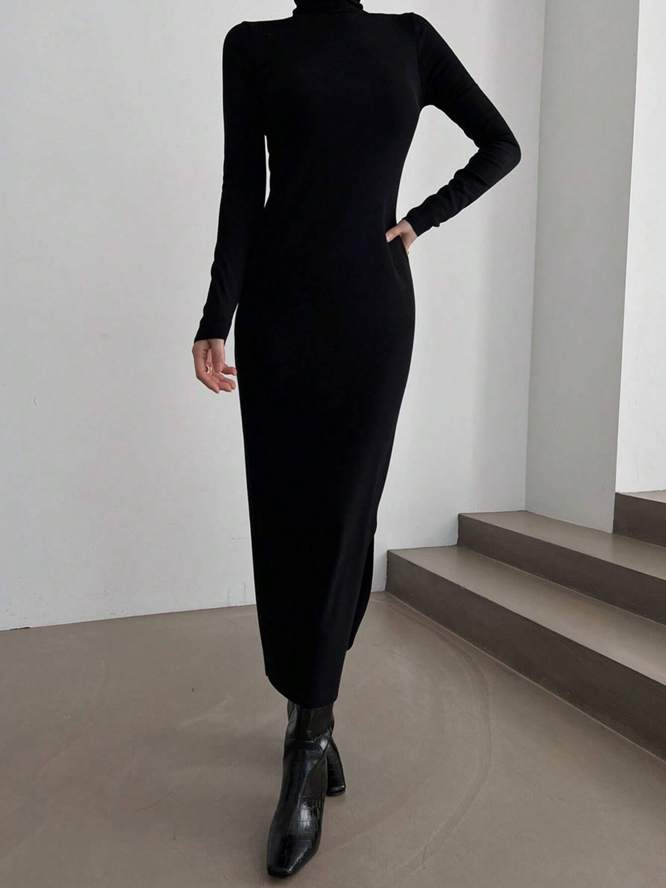  | SHEIN DAZY Women's Solid Color Slim Fit High Neck Slimming Versatile Long Dress | Dress | Shein | OneHub