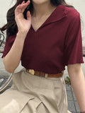 SHEIN DAZY Women's Solid Color Turn-Down Collar Slim-Fit T-Shirt