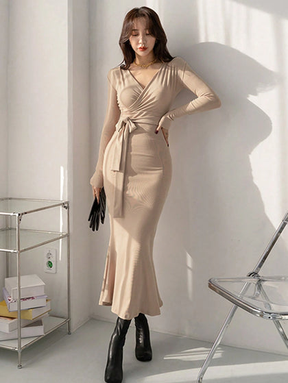shein wrap midi dress SHEIN DAZY Women's Solid Color Wrap Belted Midi Dress | Dress